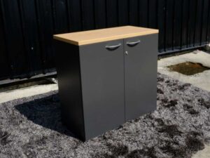 Document cabinet, 2 doors, open, cream-gray color, wooden top