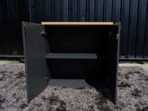 Document cabinet, 2 doors, open, cream-gray color, wooden top