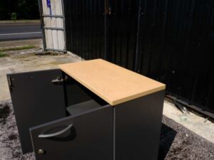 Document cabinet, 2 doors, open, cream-gray color, wooden top