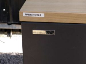 Document cabinet, 2 doors, open, cream-gray color, wooden top