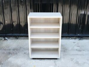 4-tiered wooden product shelf, multi-purpose wooden shelf, gray wood pattern, black wooden base