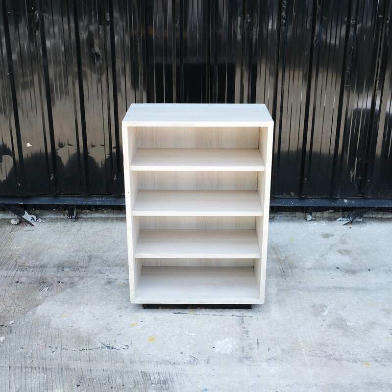 4-tiered wooden product shelf, multi-purpose wooden shelf, gray wood pattern, black wooden base