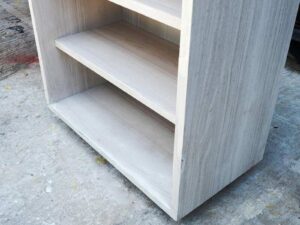 4-tiered wooden product shelf, multi-purpose wooden shelf, gray wood pattern, black wooden base