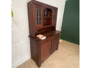 Wooden display cabinet in the hall, antique style, walnut color, European work from Germany.
