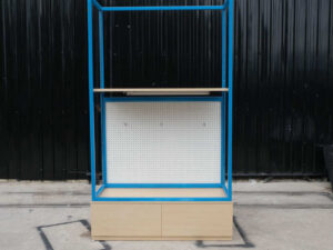 Shelf, 3-level product shelf, blue steel frame The bottom shelf has a hanging rail and has 2 storage drawers.