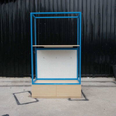 Shelf, 3-level product shelf, blue steel frame The bottom shelf has a hanging rail and has 2 storage drawers.