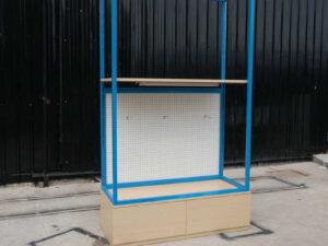 Shelf, 3-level product shelf, blue steel frame The bottom shelf has a hanging rail and has 2 storage drawers.