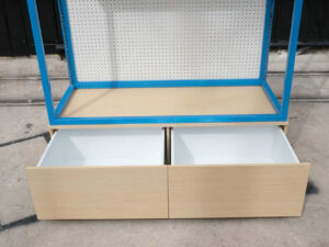 Shelf, 3-level product shelf, blue steel frame The bottom shelf has a hanging rail and has 2 storage drawers.