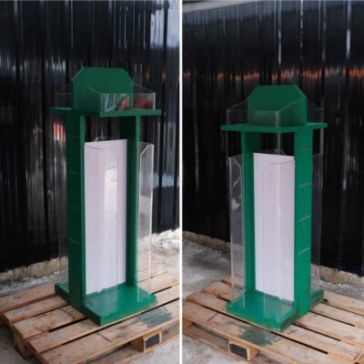 Tall product holder Product display box, 2 sides, green wooden frame. Attached to clear acrylic
