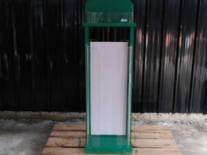 Tall product holder Product display box, 2 sides, green wooden frame. Attached to clear acrylic