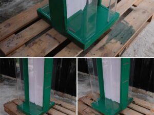 Tall product holder Product display box, 2 sides, green wooden frame. Attached to clear acrylic