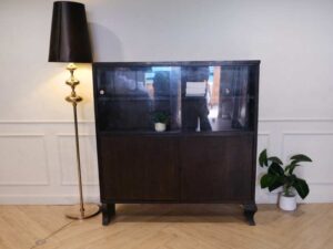 Wooden display cabinet, glass top, walnut color, European workmanship, sourced from Germany.