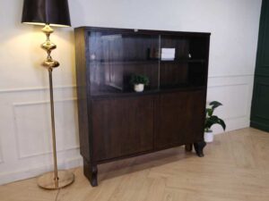 Wooden display cabinet, glass top, walnut color, European workmanship, sourced from Germany.