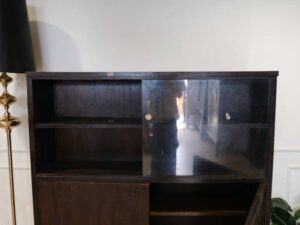 Wooden display cabinet, glass top, walnut color, European workmanship, sourced from Germany.