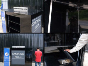 Product shelves, 4 sides, with curtains that can be opened and closed, product labels on 2 sides, wooden frame covered with black high-gloss surface.