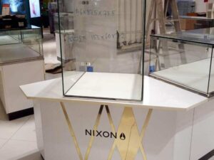 Jewelry cabinet, glass product display cabinet, tall shape, white hexagonal base. (For joining 2 corners)