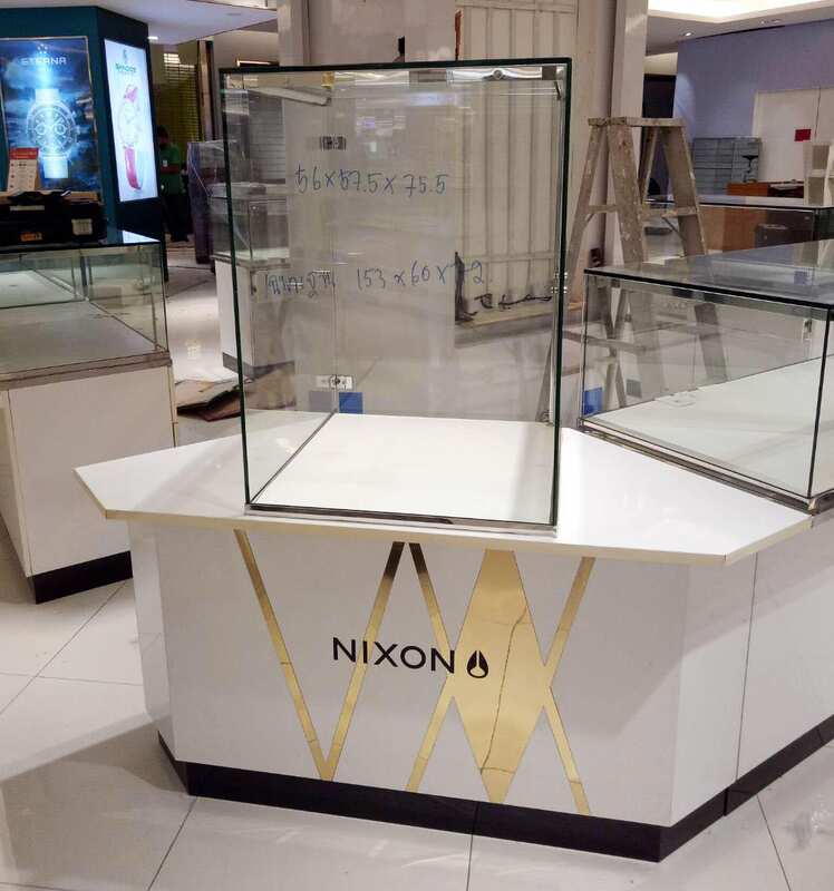 Jewelry cabinet, glass product display cabinet, tall shape, white hexagonal base. (For joining 2 corners)