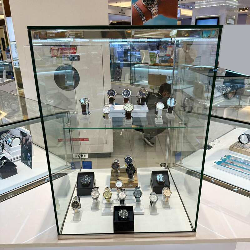 Jewelry cabinet, glass product display cabinet, tall shape, white hexagonal base. (For joining 2 corners)