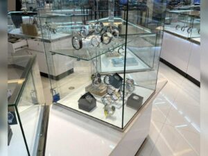 Jewelry cabinet, glass product display cabinet, tall shape, white hexagonal base. (For joining 2 corners)