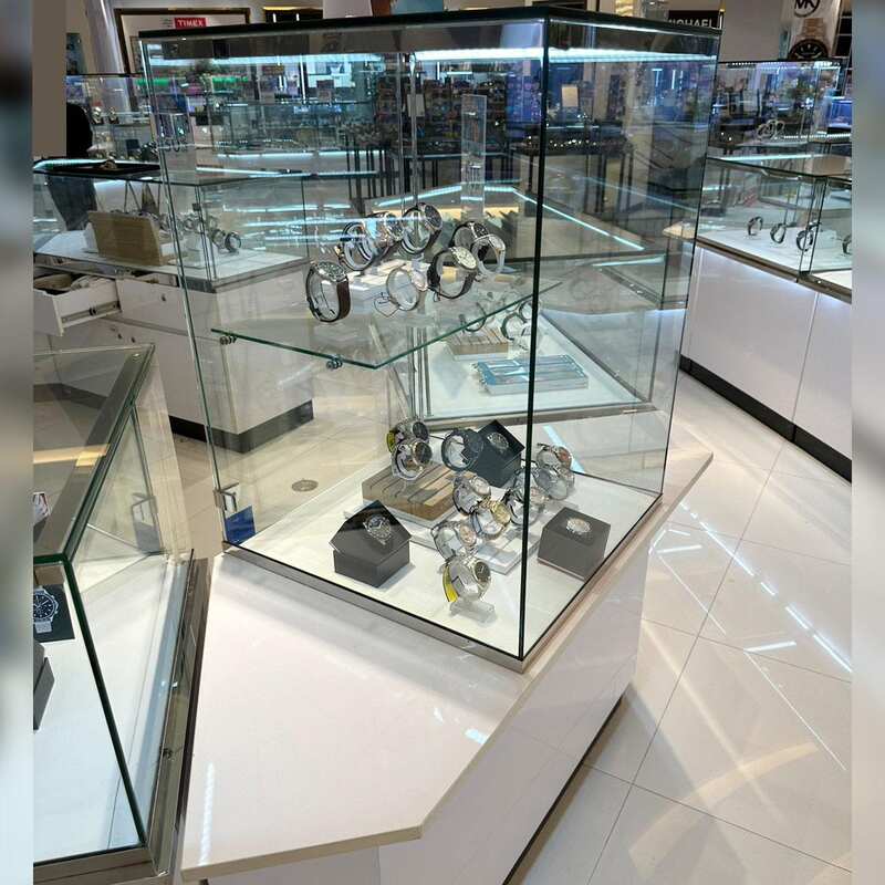 Jewelry cabinet, glass product display cabinet, tall shape, white hexagonal base. (For joining 2 corners)