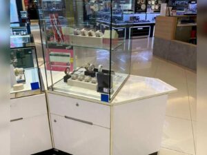 Jewelry cabinet, glass product display cabinet, tall shape, white hexagonal base. (For joining 2 corners)