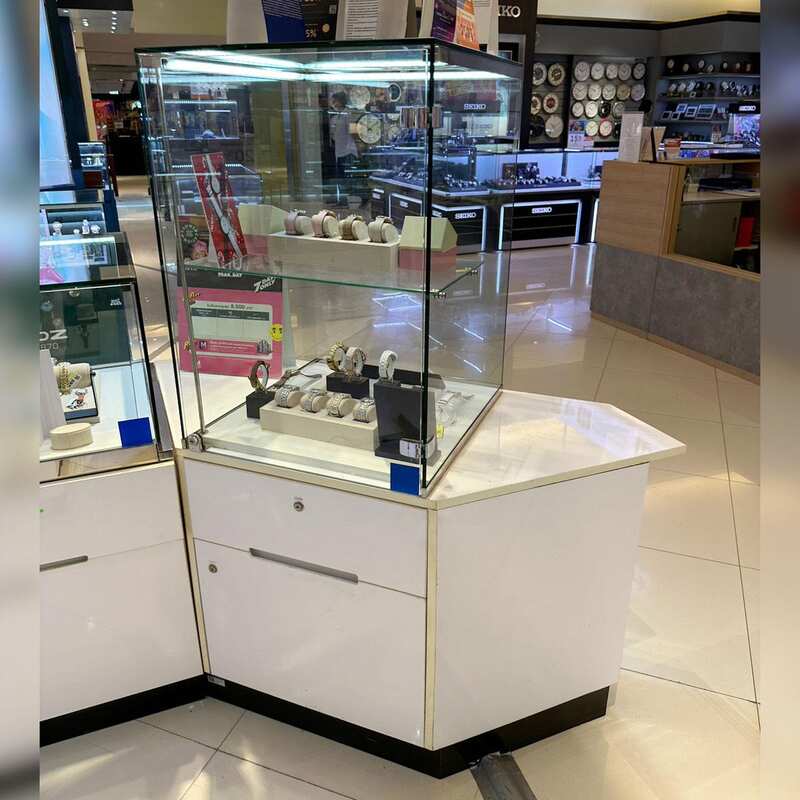 Jewelry cabinet, glass product display cabinet, tall shape, white hexagonal base. (For joining 2 corners)