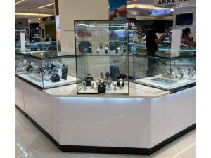 Jewelry cabinet, glass product display cabinet, tall shape, white hexagonal base. (For joining 2 corners)