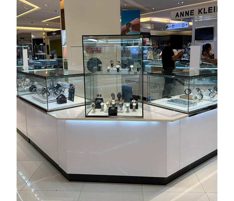 Jewelry cabinet, glass product display cabinet, tall shape, white hexagonal base. (For joining 2 corners)