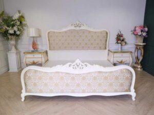 Louis bed base, 6 feet, with bedside cabinet, white wooden frame, European style.