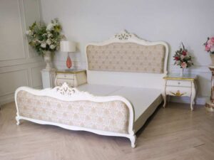 Louis bed base, 6 feet, with bedside cabinet, white wooden frame, European style.