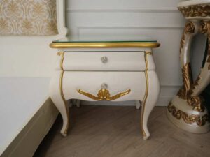 Louis bed base, 6 feet, with bedside cabinet, white wooden frame, European style.