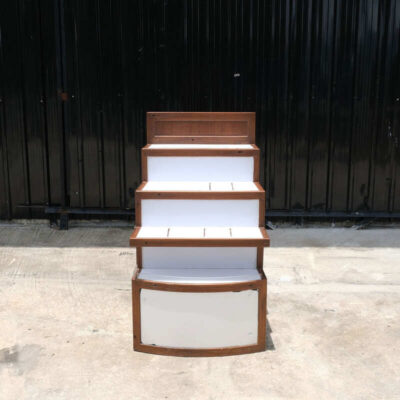 4 wooden product shelves (brown-white) with storage cabinets at the back.