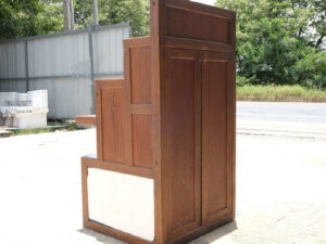 4 wooden product shelves (brown-white) with storage cabinets at the back.