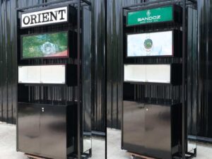 Light Box, product advertising sign, tall light sign on 2 sides, mirror on 2 sides.