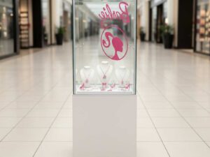 Glass display cabinet, jewelry cabinet, product display cabinet, tall, 2 doors open, white.