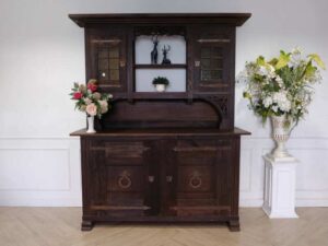 Wooden display cabinet, classic vintage style, walnut wood color, European work from Germany.