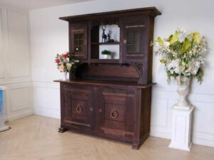 Wooden display cabinet, classic vintage style, walnut wood color, European work from Germany.