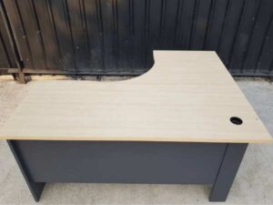 L-shaped corner desk, grey legs, cream tabletop, 150cm