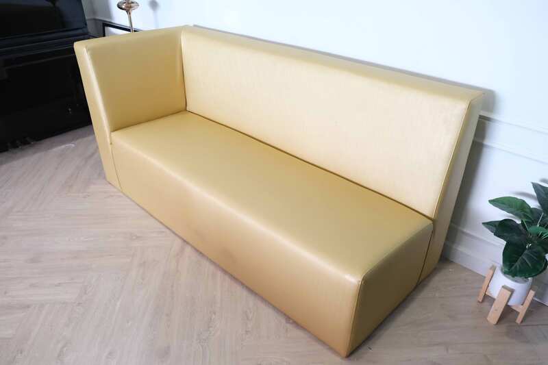Three-seater leather sofa, beautiful shade, wooden frame, golden yellow color.