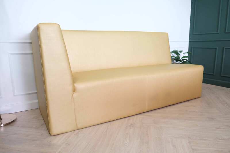Three-seater leather sofa, beautiful shade, wooden frame, golden yellow color.