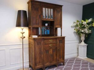 Wooden storage cabinet with shelves, glass top, European made from Germany.