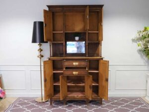 Wooden storage cabinet with shelves, glass top, European made from Germany.