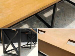 Work desk, 2 seats, wooden top, steel legs, with wheels.