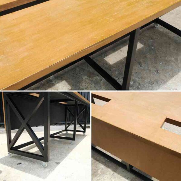 Work desk, 2 seats, wooden top, steel legs, with wheels.