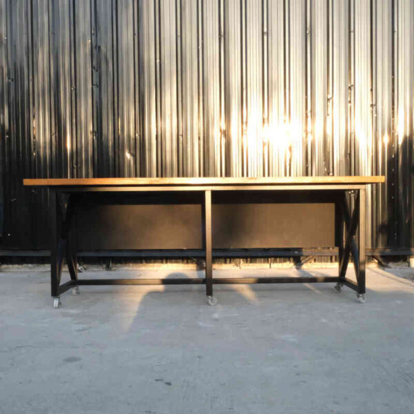 Work desk, 2 seats, wooden top, steel legs, with wheels.