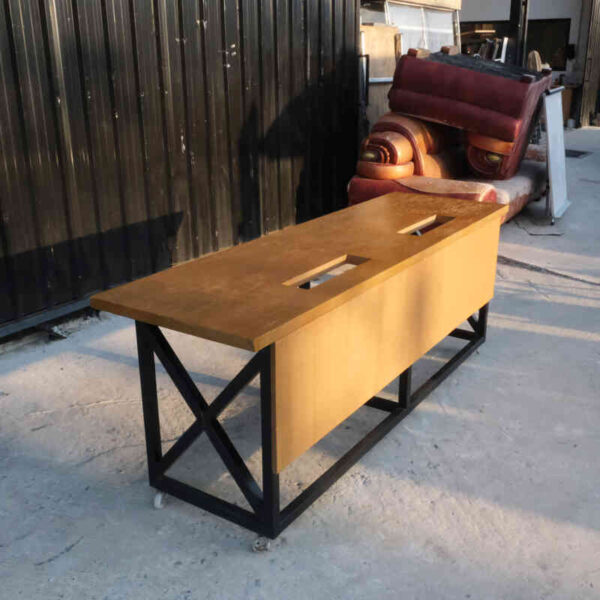 Work desk, 2 seats, wooden top, steel legs, with wheels.