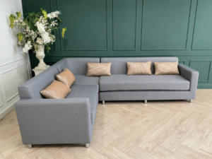 3-seat L-shaped corner sofa, fabric cushion, grey, with 5 pillows