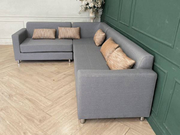 3-seat L-shaped corner sofa, fabric cushion, grey, with 5 pillows