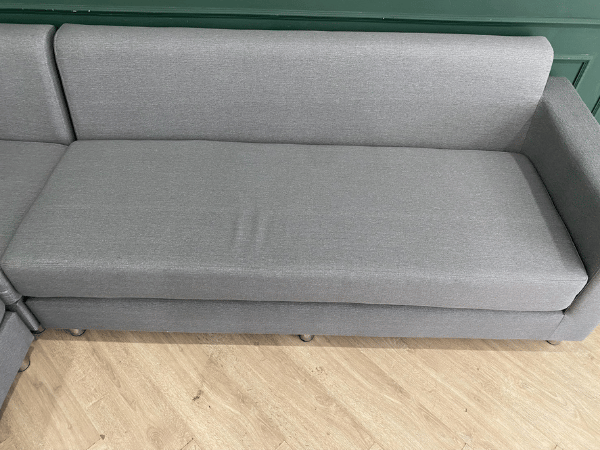 3-seat L-shaped corner sofa, fabric cushion, grey, with 5 pillows