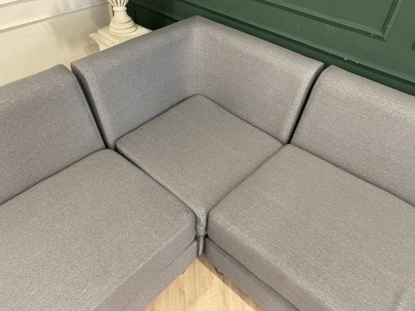 3-seat L-shaped corner sofa, fabric cushion, grey, with 5 pillows